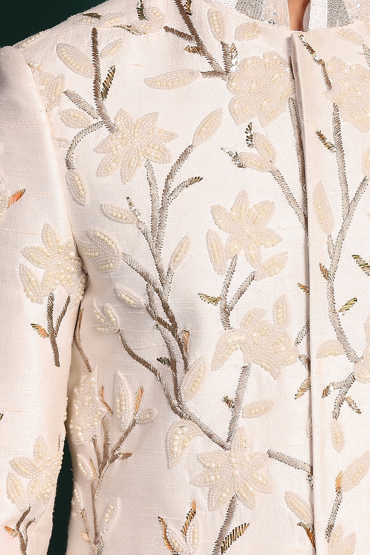 Ivory Raw Silk Embellished Groom Sherwani Set by Prateek Munjal at Pernia's Pop Up Shop