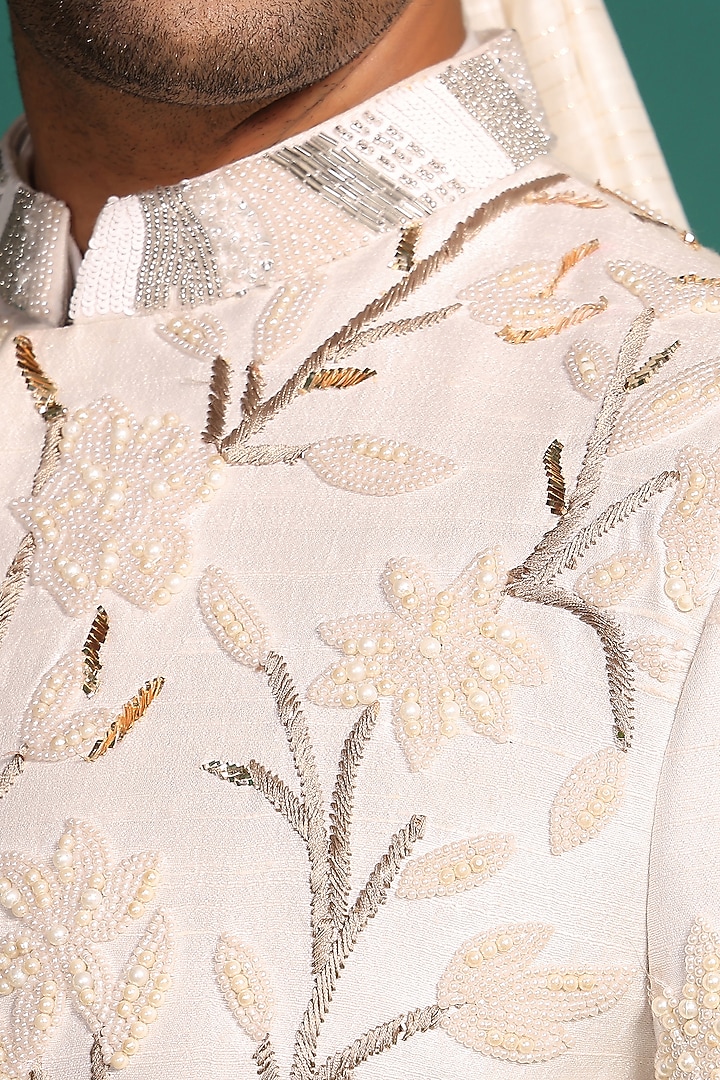 Ivory Raw Silk Embellished Groom Sherwani Set by Prateek Munjal at Pernia's Pop Up Shop