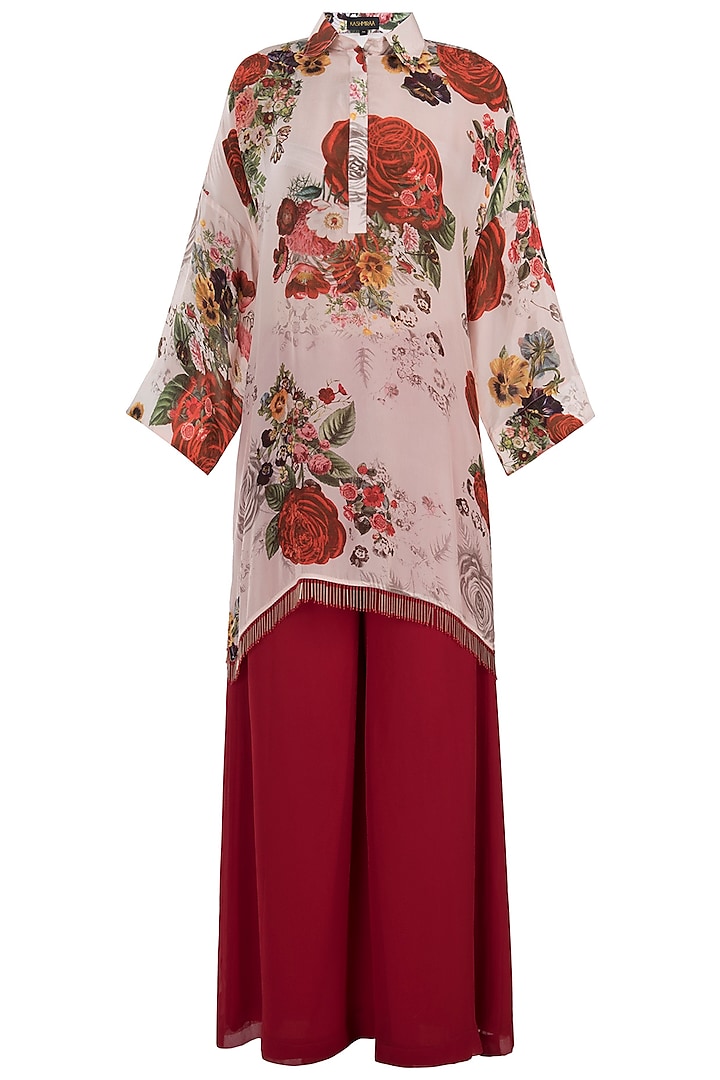 White printed rose cape kurta with pants by Kashmiraa