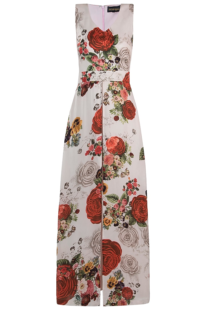 White printed rose jumpsuit by Kashmiraa at Pernia's Pop Up Shop
