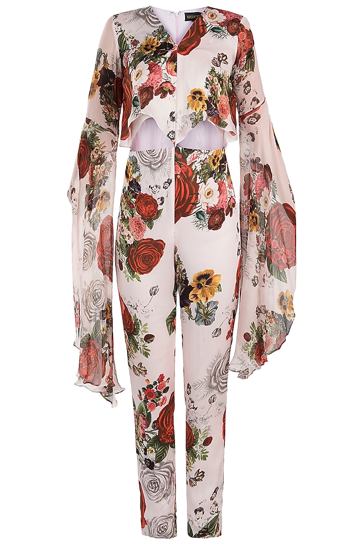White printed rose dramatic sleeves jumpsuit by Kashmiraa