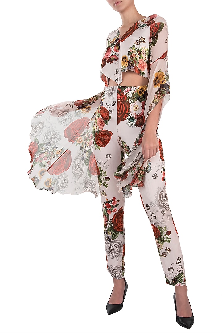 White printed rose dramatic sleeves jumpsuit by Kashmiraa at Pernia's Pop Up Shop
