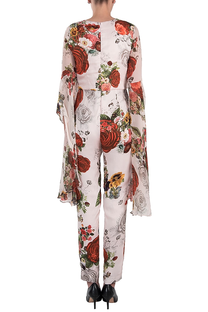 White printed rose dramatic sleeves jumpsuit by Kashmiraa at Pernia's Pop Up Shop