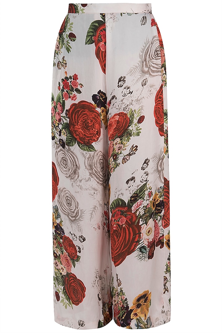 White printed rose pants by Kashmiraa