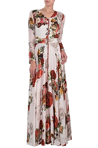 White printed rose anarkali gown by Kashmiraa