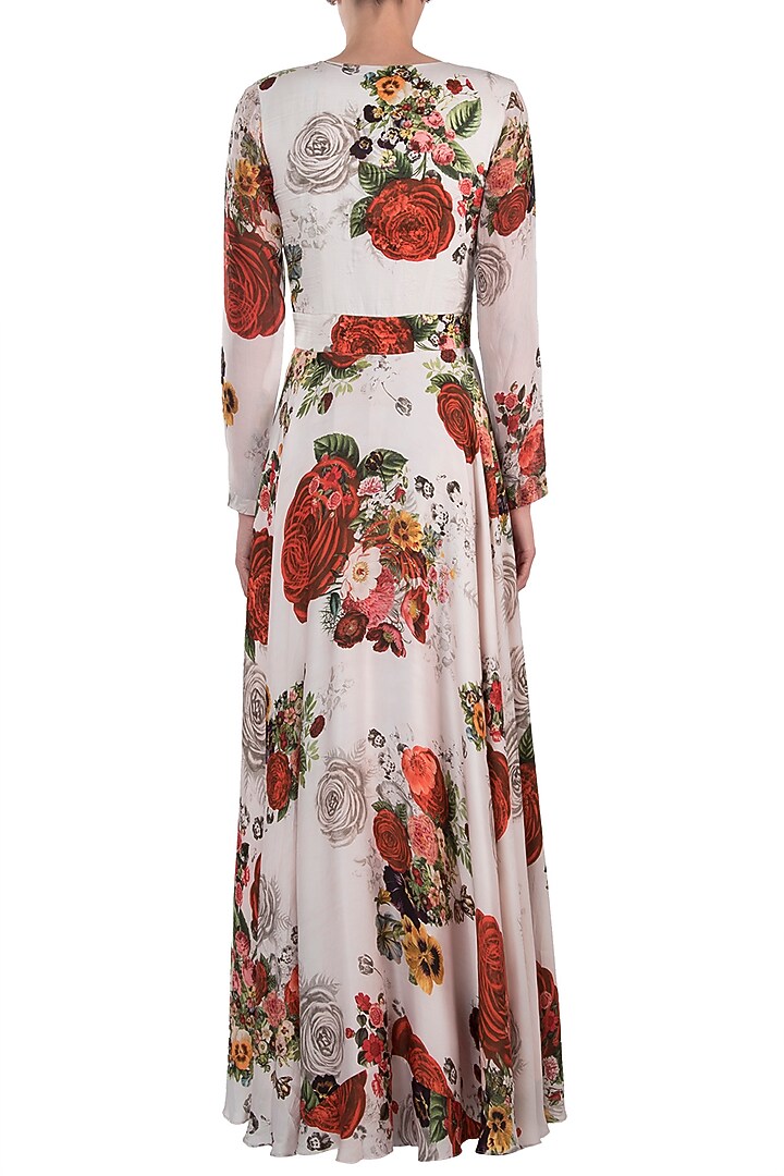 White printed rose anarkali gown by Kashmiraa at Pernia's Pop Up Shop