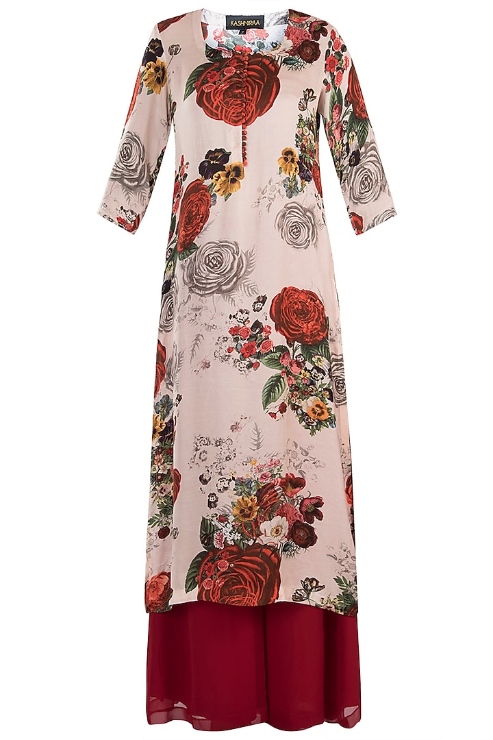 White printed rose kurta with red pants by Kashmiraa