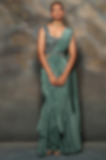 Green Crepe Pre-Draped Wedding Saree Set by Kshitij Choudhary at Pernia's Pop Up Shop