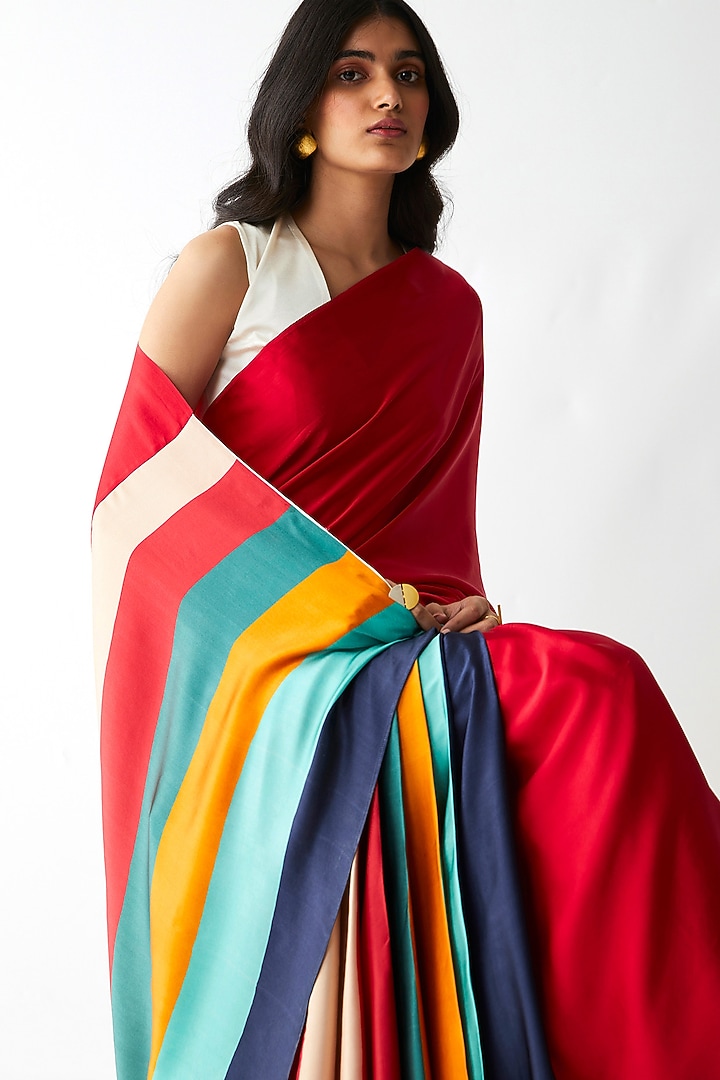 Multi Colored Silk Satin Striped Party Wear Saree by Kshitij Jalori at Pernia's Pop Up Shop