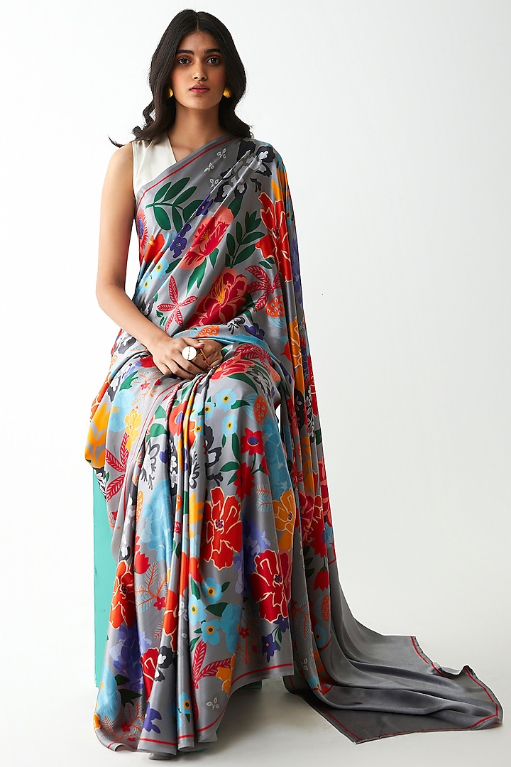 Grey Digital Printed Party Wear Saree Set by Kshitij Jalori at Pernia's Pop Up Shop
