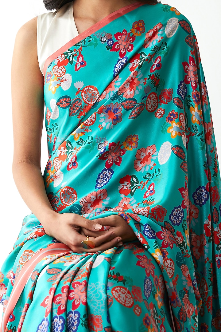 Mint Blue Silk satin Crepe Floral Printed Party Wear Saree by Kshitij Jalori at Pernia's Pop Up Shop