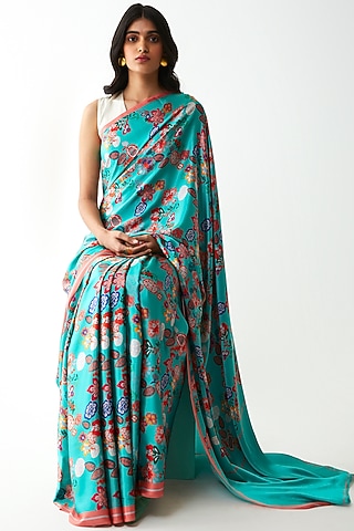 Mint Blue Silk satin Crepe Floral Printed Saree by Kshitij Jalori