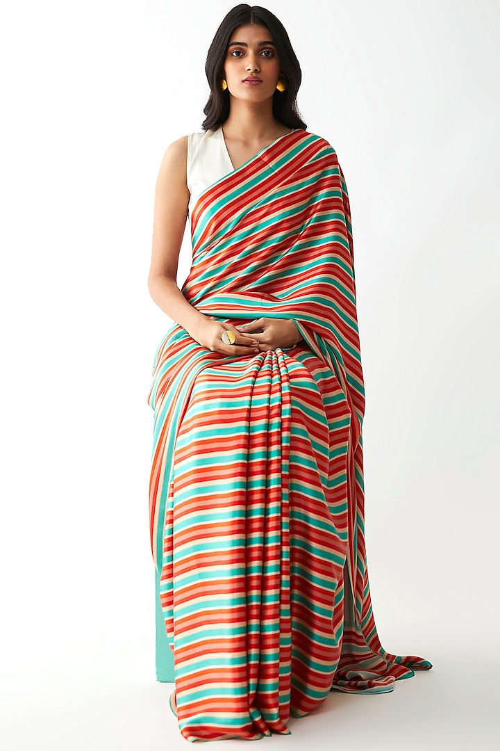 Multi Colored Silk Satin Stripes Printed Saree by Kshitij Jalori