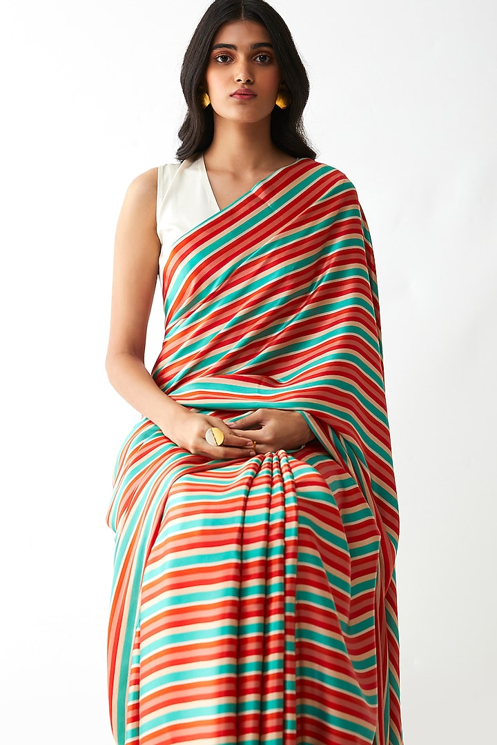 Multi Colored Silk Satin Stripes Printed Party Wear Saree by Kshitij Jalori at Pernia's Pop Up Shop