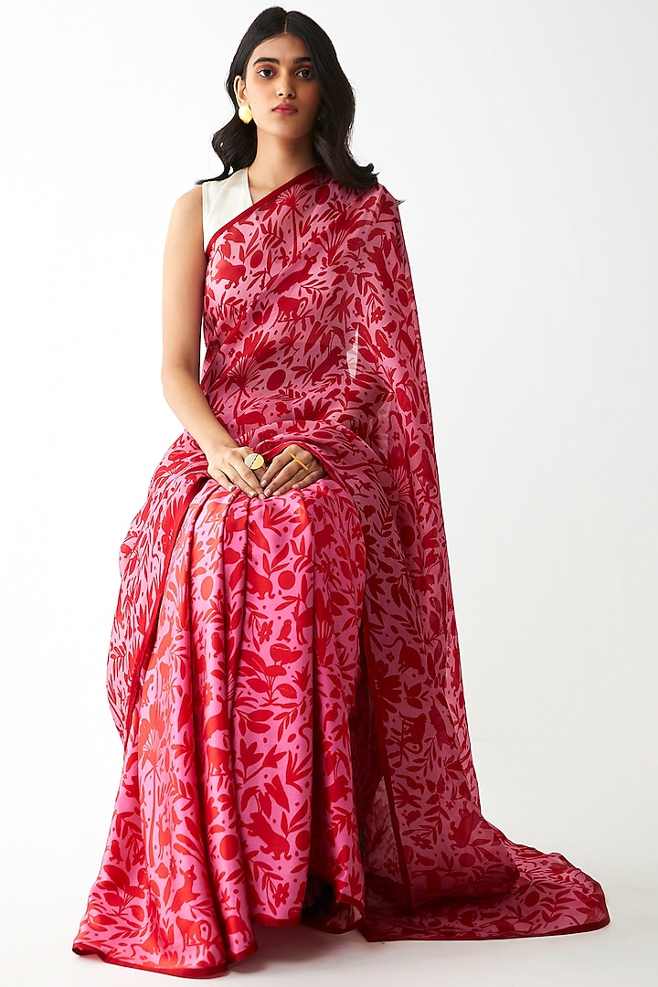 Pink Floral Printed Party Wear Saree by Kshitij Jalori at Pernia's Pop Up Shop
