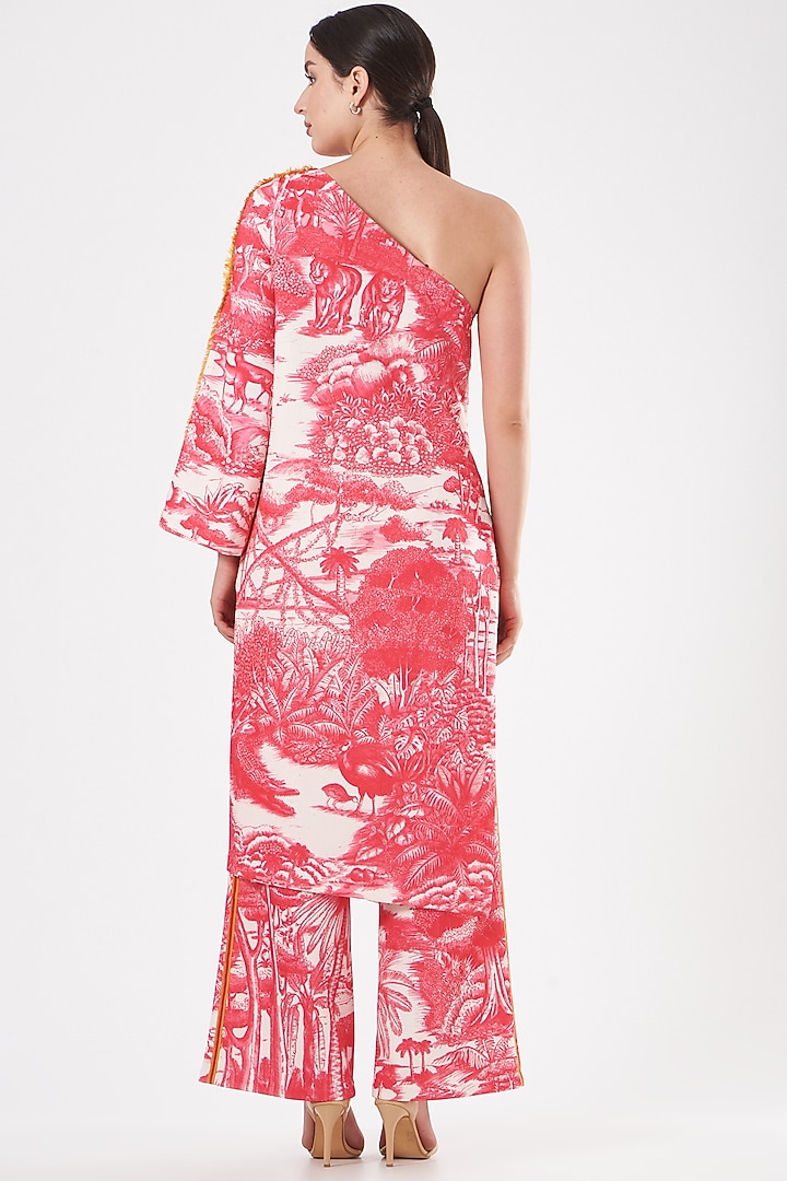 Ruby Pink Printed One-Shoulder Kurta Set by Kshitij Jalori at Pernia's Pop Up Shop