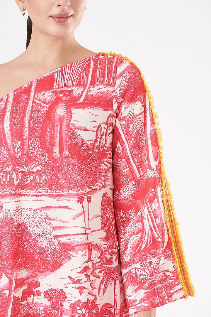 Ruby Pink Printed One-Shoulder Kurta Set by Kshitij Jalori at Pernia's Pop Up Shop