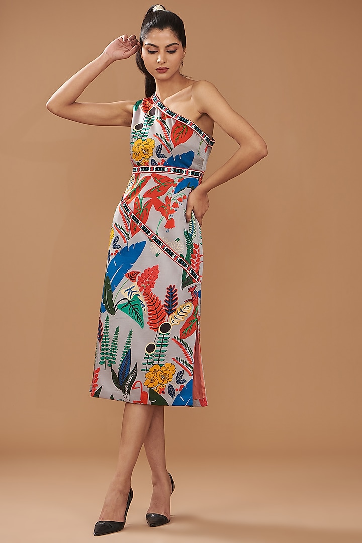 Multi-Colored Silk Satin Crepe Printed Midi Dress by Kshitij Jalori