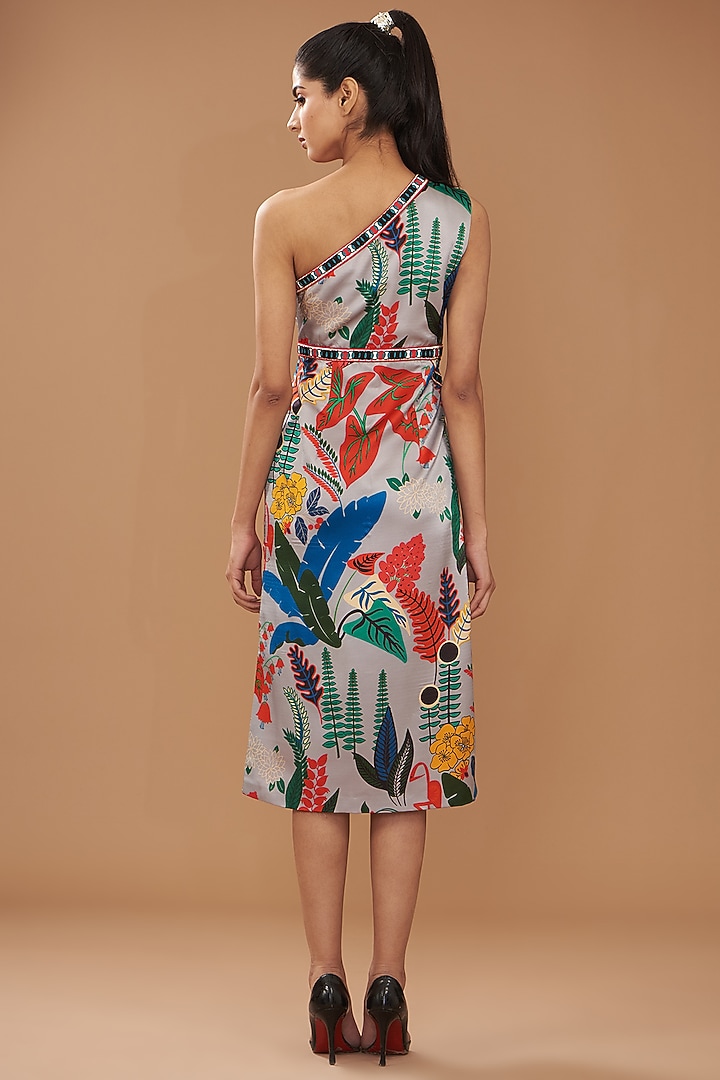 Multi-Colored Silk Satin Crepe Printed Midi Vacation Dress by Kshitij Jalori at Pernia's Pop Up Shop
