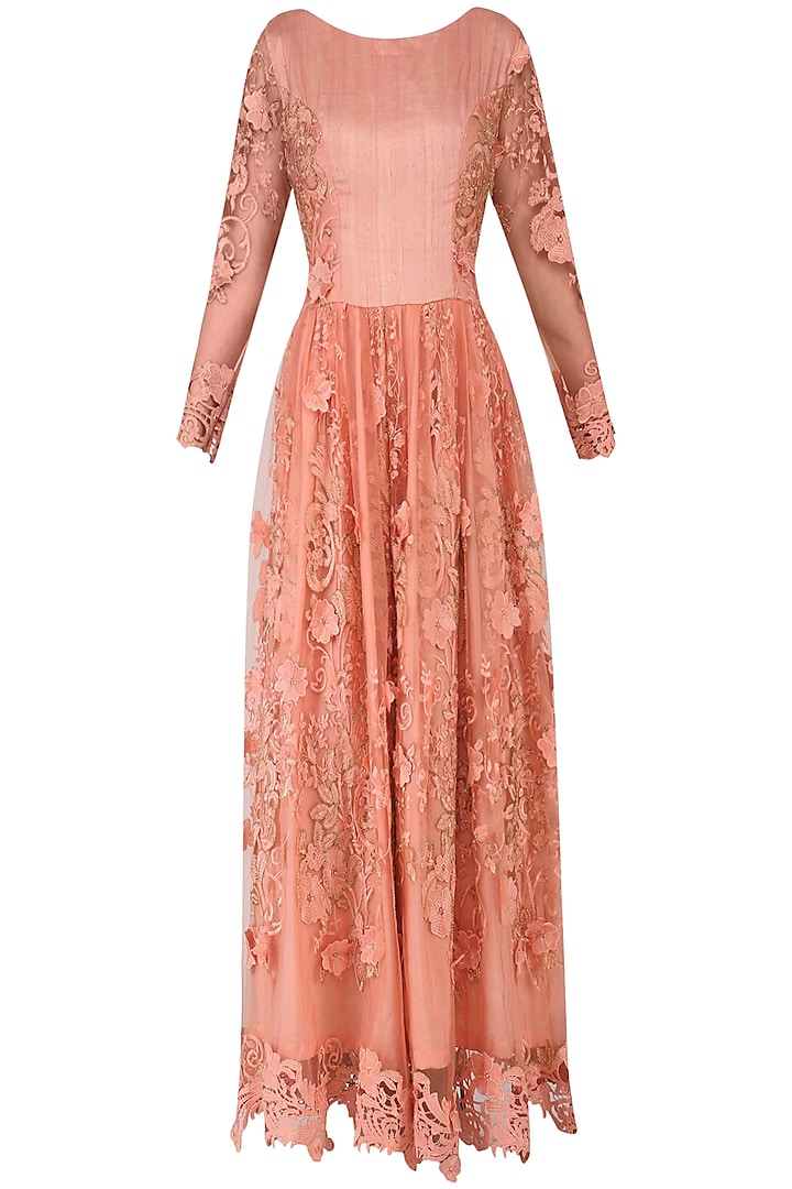 Peach Floral Lace Embellished Cutwork Gown by RANA'S by Kshitija
