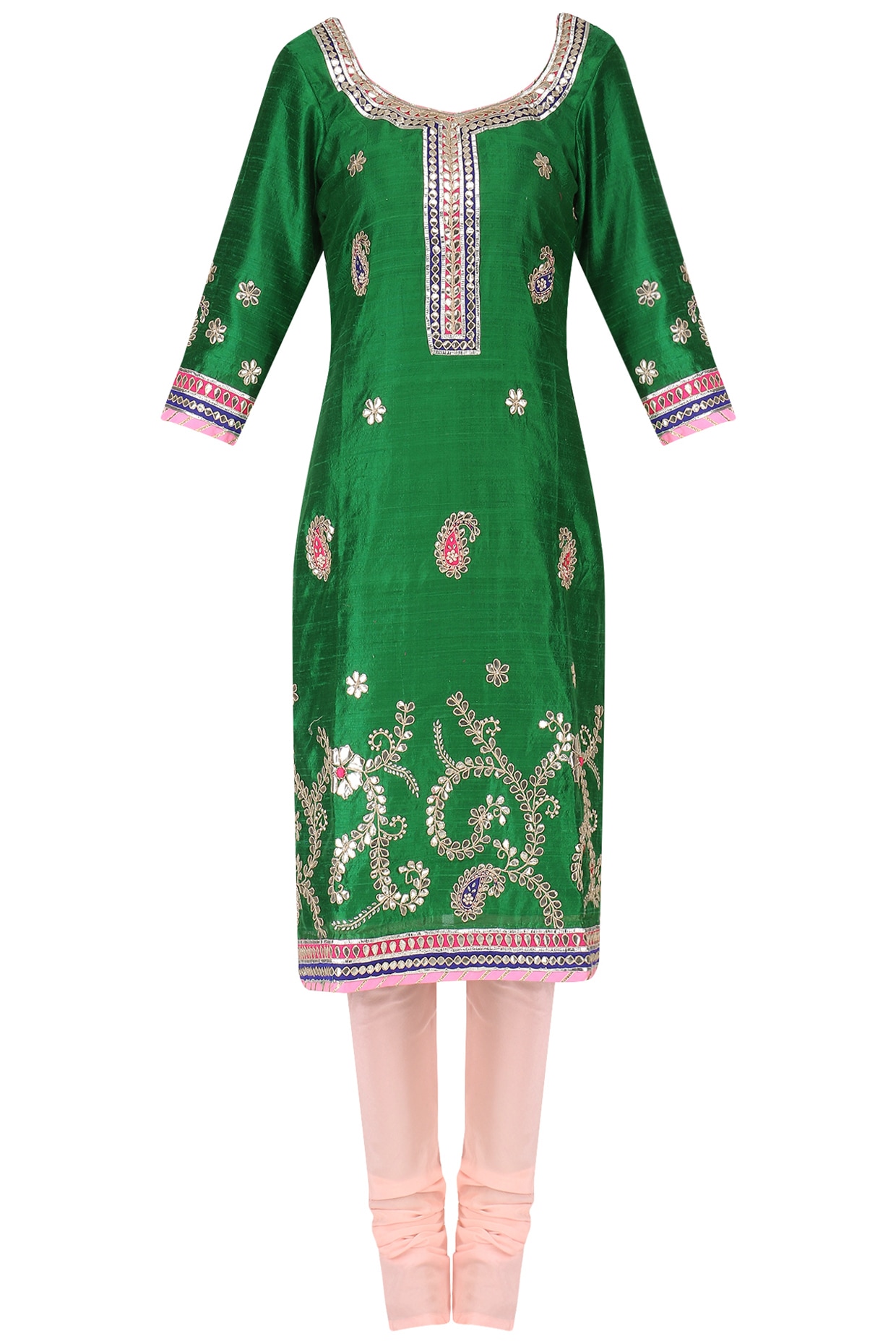 Emerald green gota embroidered kurta and churidar pants set available only at Pernia s Pop Up Shop