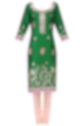Emerald green gota embroidered kurta and churidar pants set available only at Pernia's Pop Up Shop.