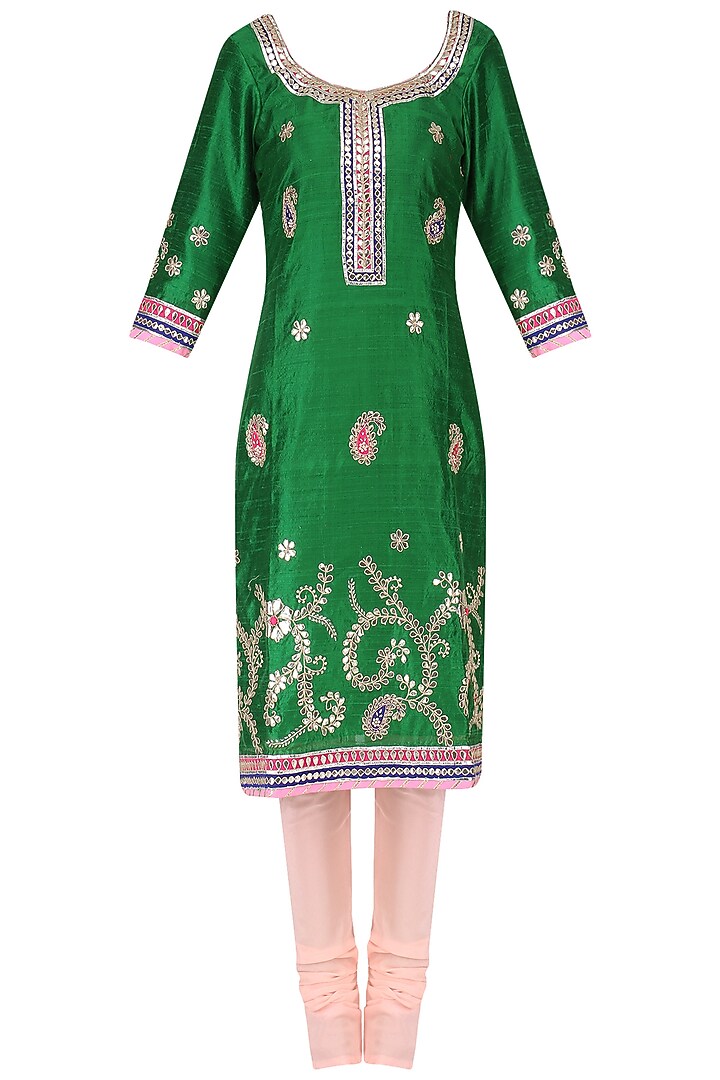 Emerald green gota embroidered kurta and churidar pants set available only at Pernia's Pop Up Shop.