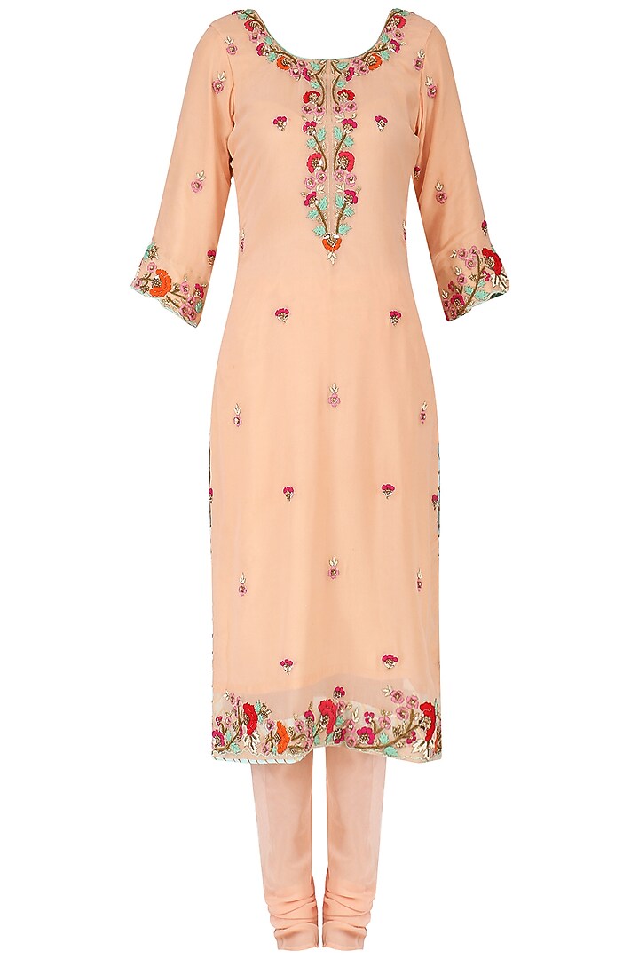 Peach resham handwork kurta and churidar pants set available only at Pernia's Pop Up Shop.