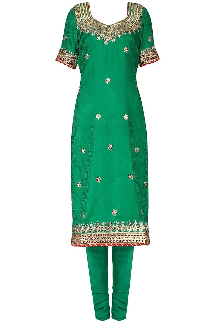 Green Gota Patti Embroidered Kurta and Churidar Pants Set by RANA'S by Kshitija