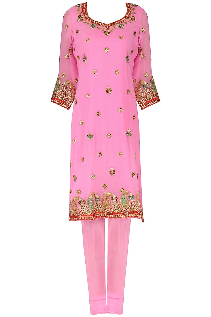 Pink Gota Patti Embroidered Kurta and Churidar Pants Set by RANA'S by Kshitija