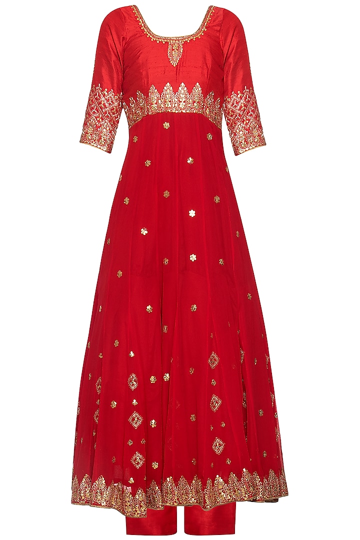 Red embroidered anarkali set by RANA'S by Kshitija