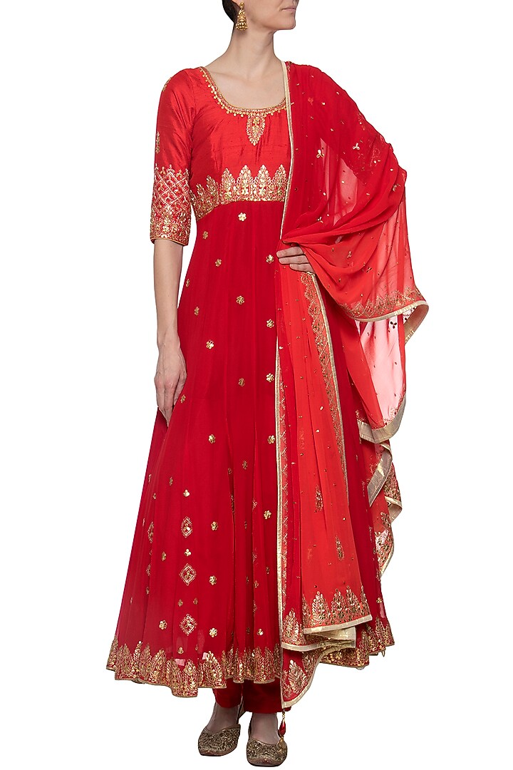 Red embroidered Wedding Anarkali set by RANA'S by Kshitija at Pernia's Pop Up Shop