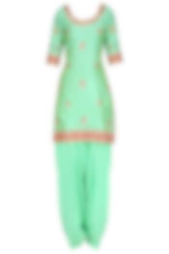 Sea green embroidered kurta with blue patiala salwar pants available only at Pernia's Pop Up Shop.