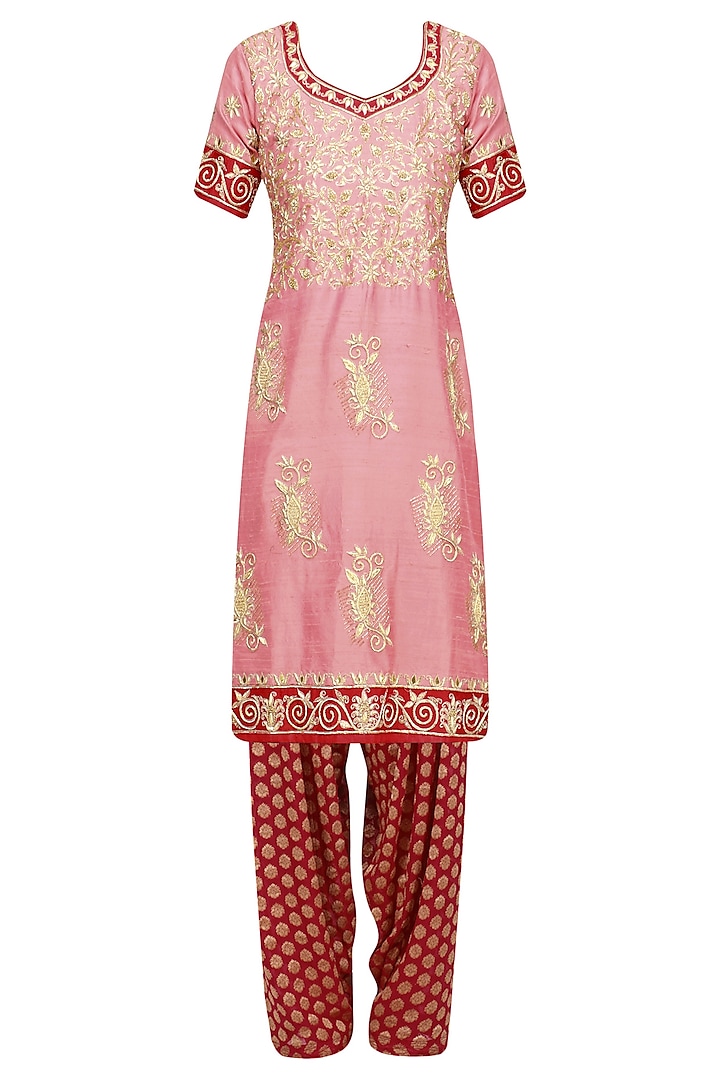 Peach and Red Embroidered Salwar Suit by RANA'S by Kshitija