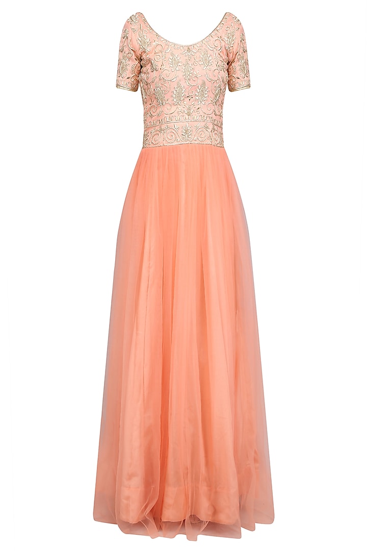 Peach Embroidered Floor Length Flared Gown by RANA'S by Kshitija