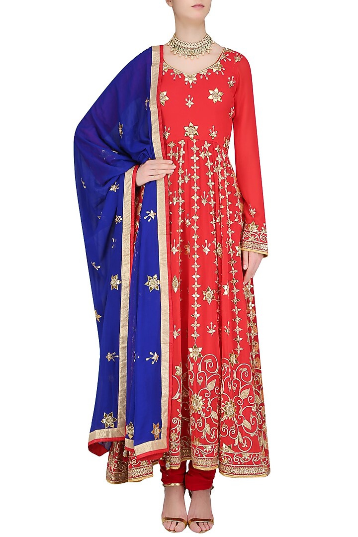Red banarasi kalidaar embroidered anarkali set available only at Pernia's Pop Up Shop.