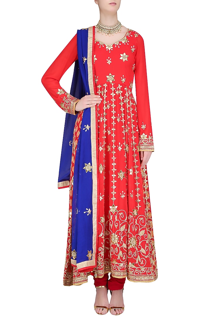 Red banarasi kalidaar embroidered anarkali set available only at Pernia's Pop Up Shop.