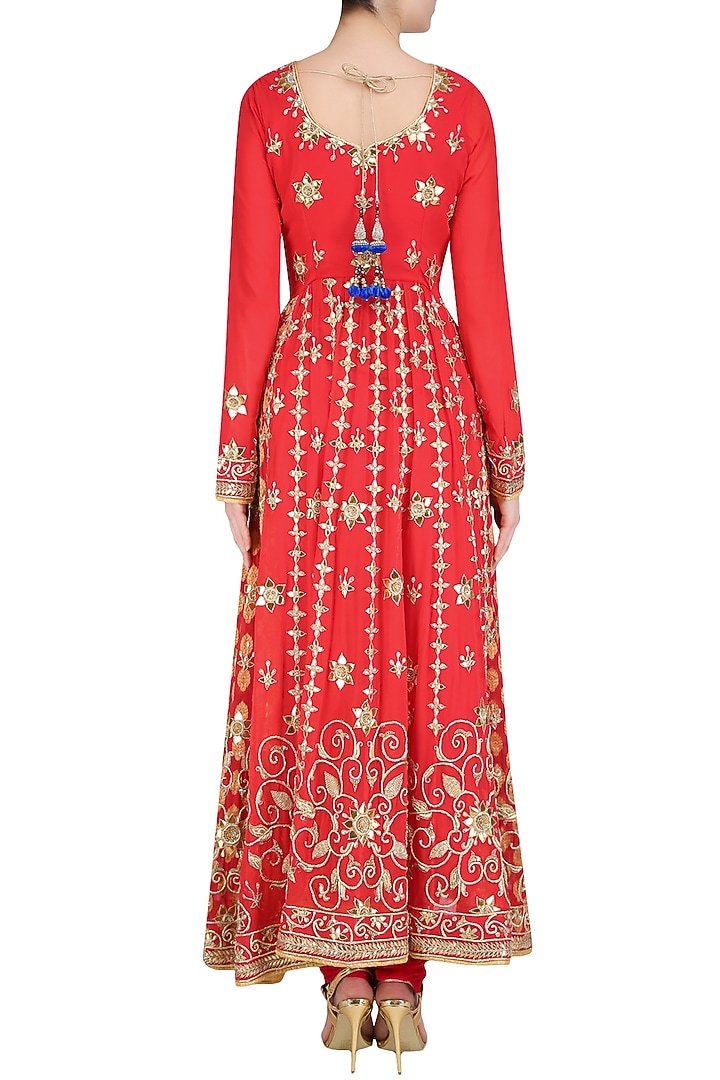 Red banarasi kalidaar embroidered anarkali set available only at Pernia's Pop Up Shop.