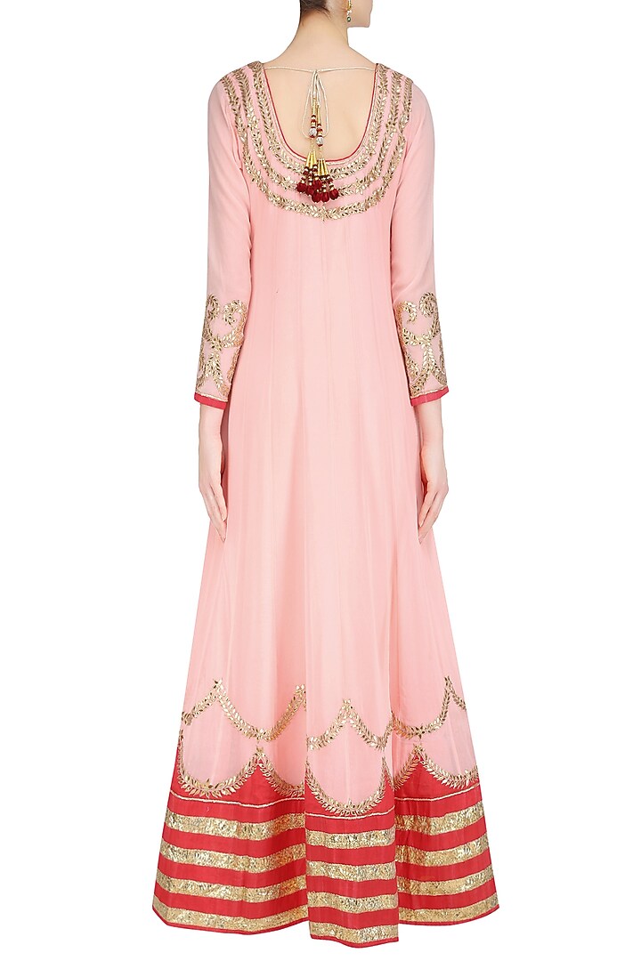 Peach and red floor length kalidar flared anarkali set available only at Pernia's Pop Up Shop.