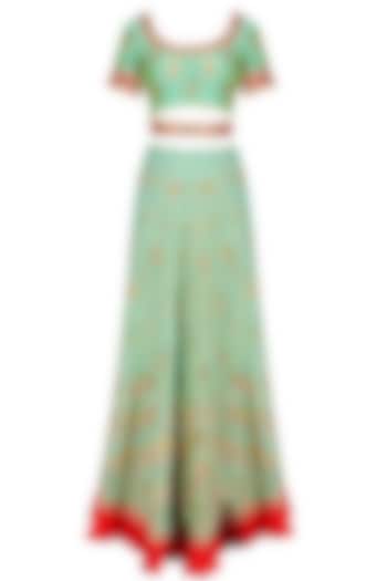 Mint green and red embroidered lehenga set available only at Pernia's Pop Up Shop.
