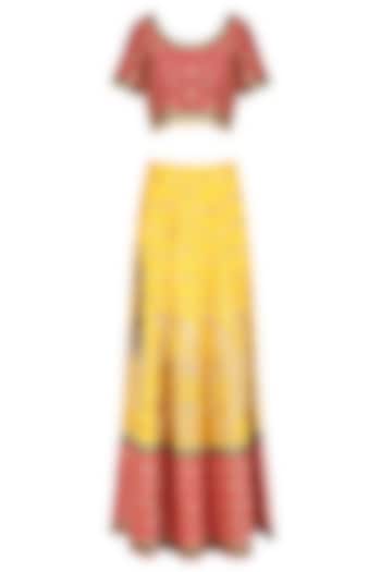 Yellow embroidered lehenga with red blouse and pale orange dupatta available only at Pernia's Pop Up Shop.