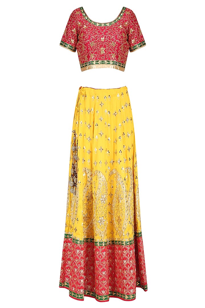 Yellow Embroidered Lehenga with Red Blouse and Pale Orange Dupatta by RANA'S by Kshitija