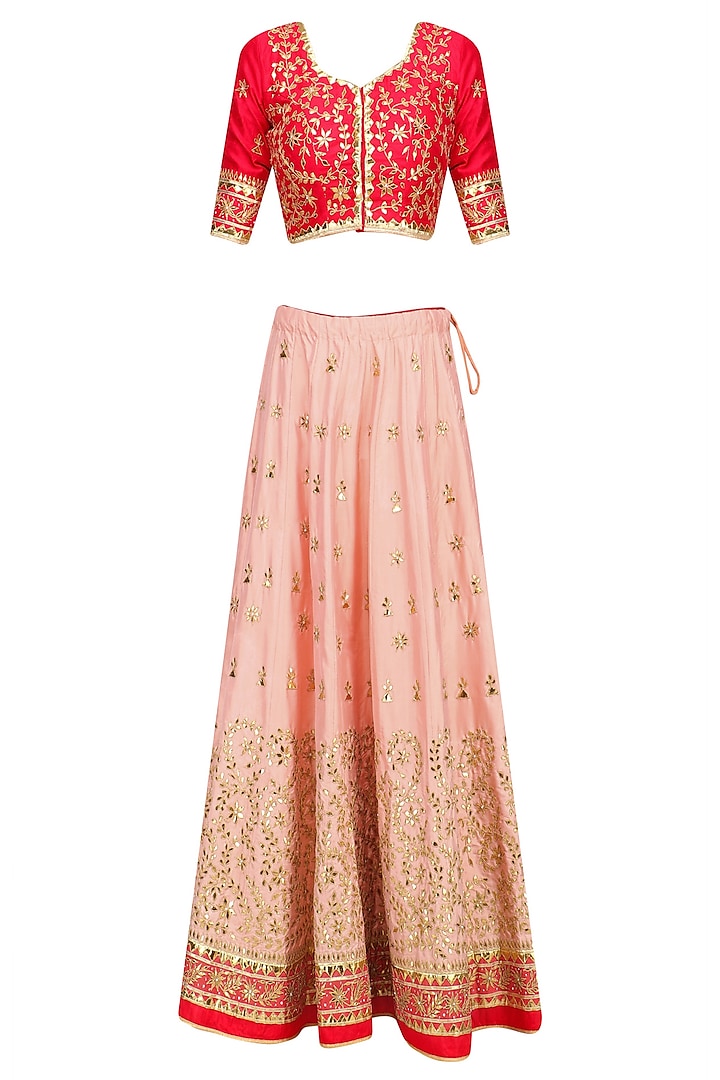 Peach Embroidered Lehenga with Red Blouse and Pale Orange Dupatta by RANA'S by Kshitija