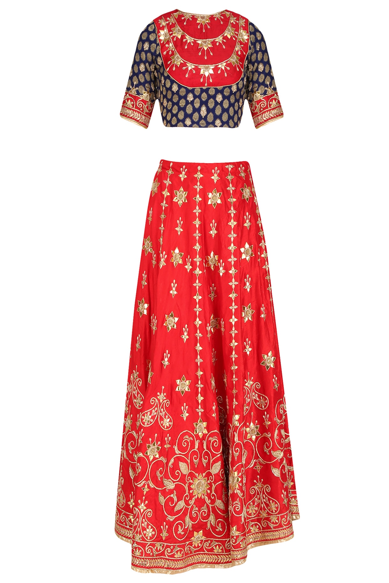 Mitera Red & Navy Blue Woven Design Semi-Stitched Lehenga & Unstitched  Blouse with Dupatta - Absolutely Desi