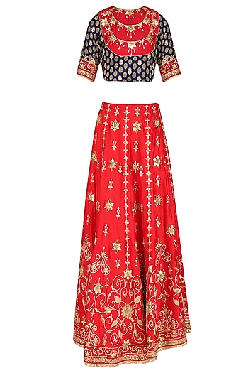 Red gota patti and zardozi work bridal lehenga with blue blouse ...