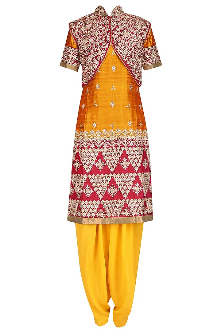 Yellow Embroidered Kurta and Salwar Pants with Red Jacket by RANA'S by Kshitija