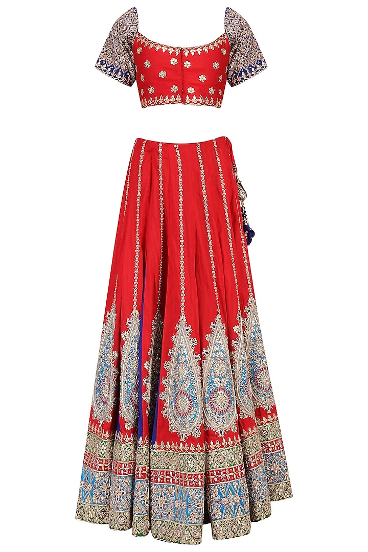 Red and Blue Embroidered Lehenga Set by RANA'S by Kshitija
