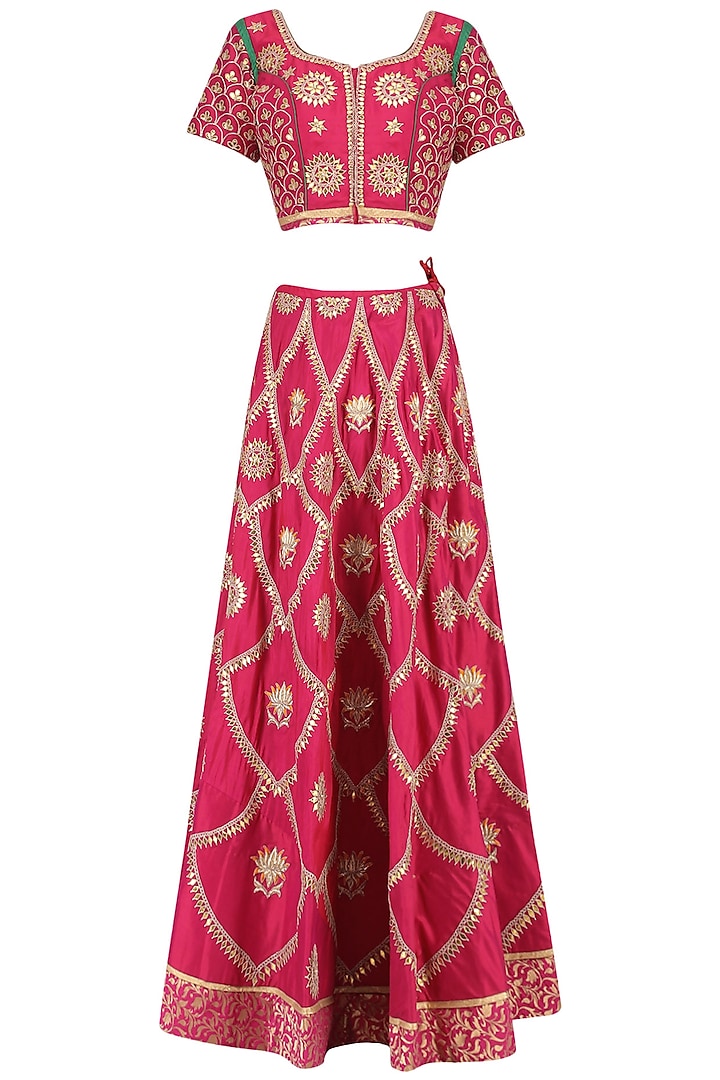 Deep Pink Gota and Resham Embroidered Lehenga with Ombre Dupatta Set by RANA'S by Kshitija