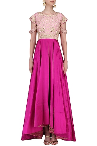 Magenta Asymmetrical Zardozi Embroidered Dress by RANA'S by Kshitija