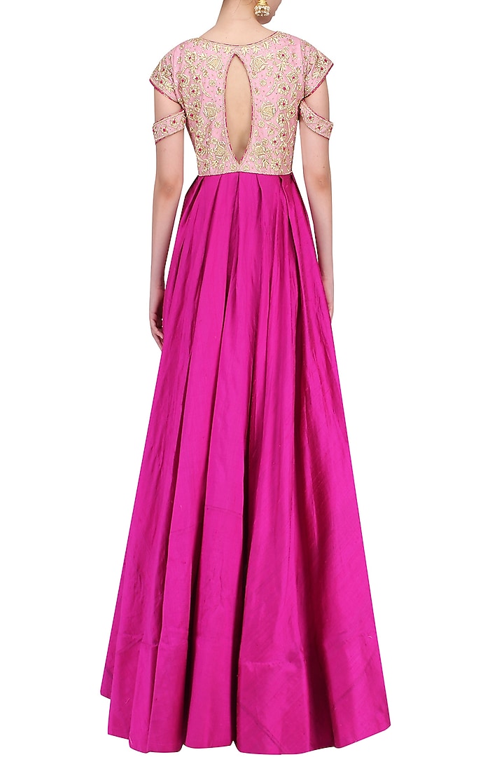Magenta asymmetrical zardozi embroidered dress available only at Pernia's Pop Up Shop.